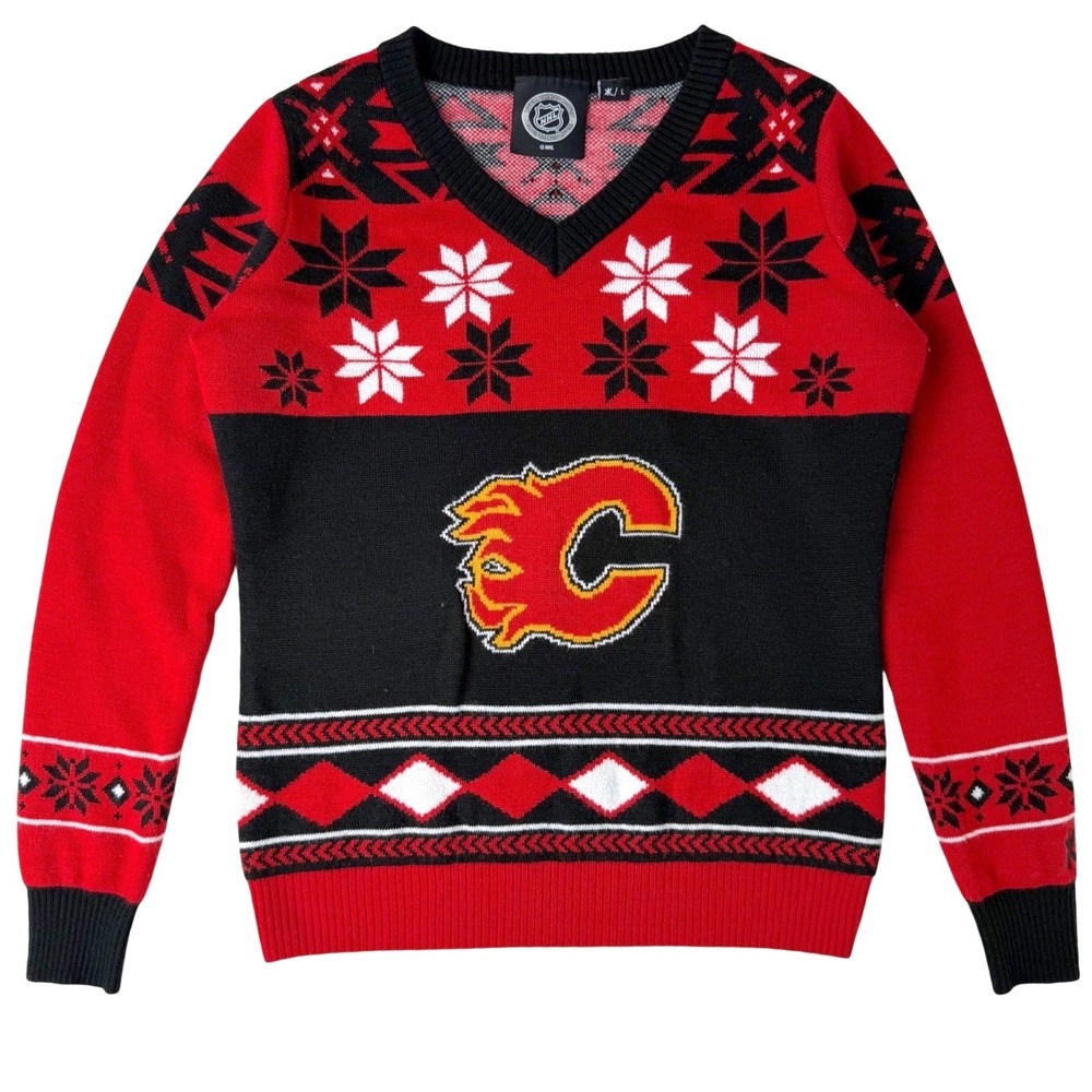 Calgary Flames NHL Ugly Christmas Sweater V-Neck Knit Red‎ Black Unisex Large